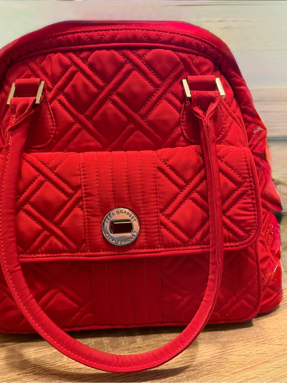 Vera Bradley Quilted Red Shoulder Tote with Turn-Lock Detail
